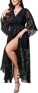 Women's V Neck Floral Dress Bell Half Sleeve Smocked Waist Side Split Flowy A Line Maxi Wedding Guest Dresses - Buy now