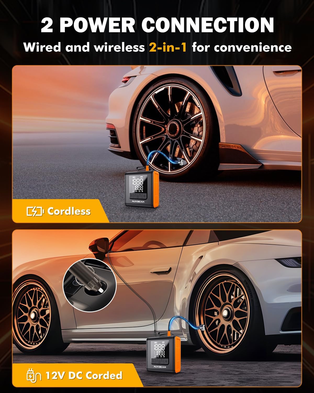 AUXBEAM H4Pro Tire Inflator Portable Air Compressor,150PSI 2 in 1 Rechargeable 5200mAh Car Tire Inflator Portable 4 Preset Inflation Modes 12V Air Pump With LCD Screen for Car, Motorcycle, Bike, Ball