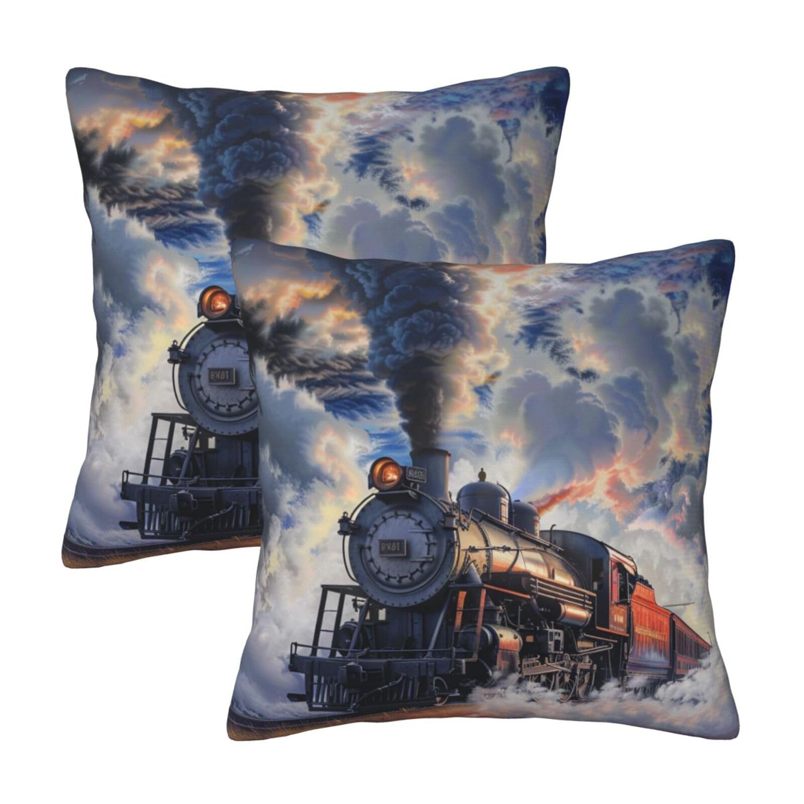 Steam Train Clouds Throw Pillow Cases 2 Pack Square Pillowcases Soft Pillow Protectors for Couch Livingroom Sofa Bed Office Car,30x30 CM