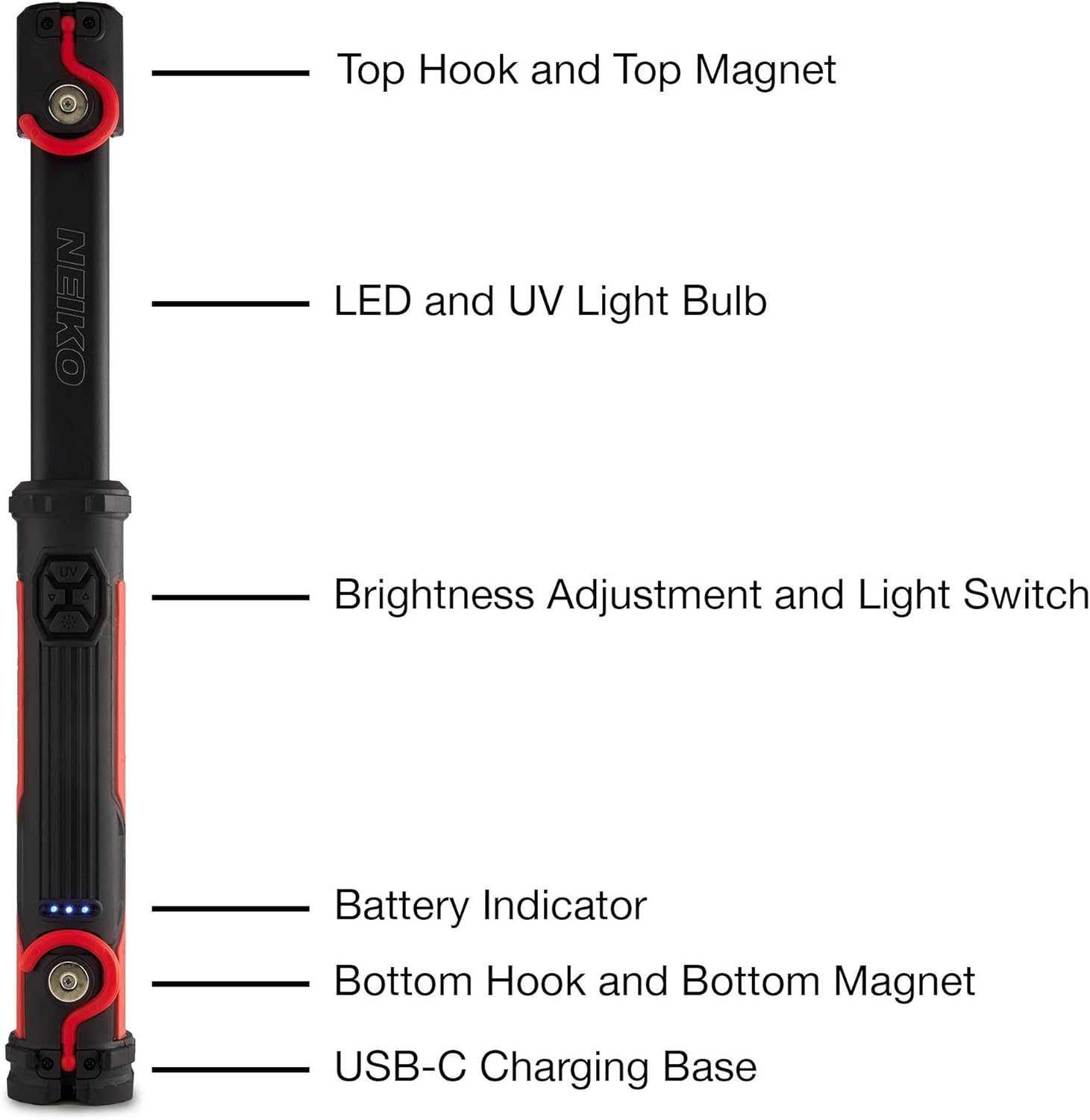 NEIKO 40337A Cordless 10-Watt 2-in-1 COB LED and UV Work Light with Rechargeable 4000-mAh Li-Ion Battery, Up to 8 Hours Run Time, Magnetic with 2 Swivel Hooks