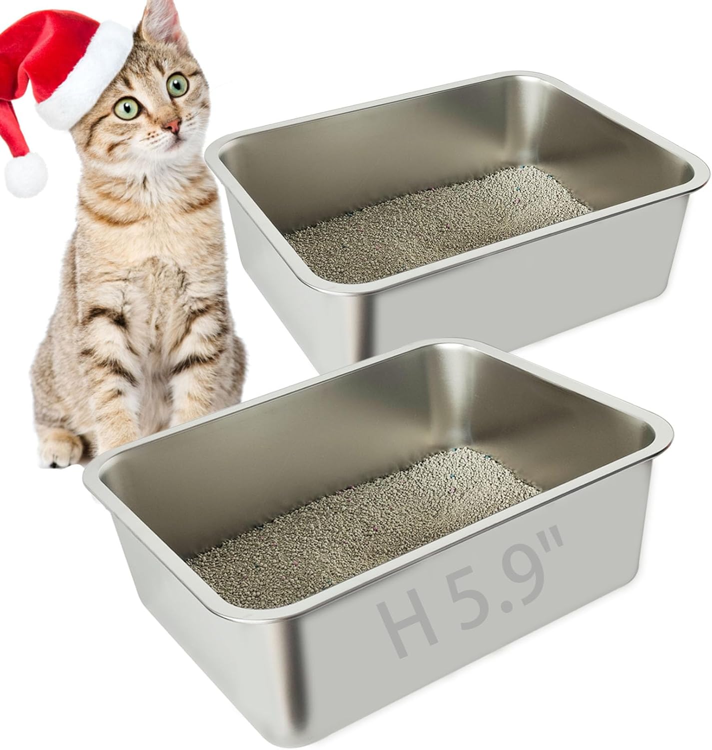 2 Pack Stainless Steel Cat Litter Box, 17.7" X 13.8" X 5.9" for Kittens to Medium Cats, Rabbits
