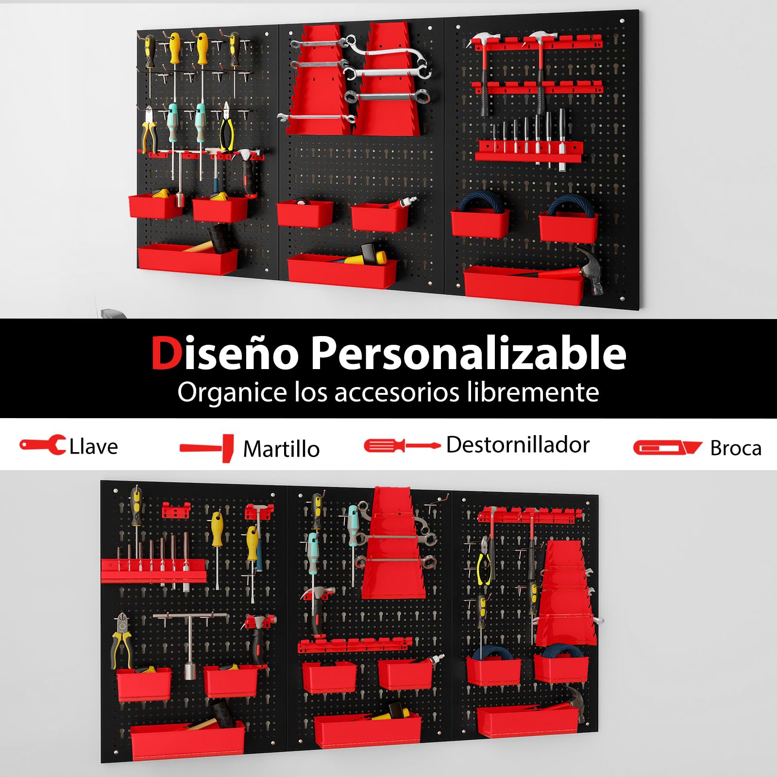 COSTWAY Organizador de Herramientas de Pared, Panel Perforado con 9 Contenedores PP, Soportes para Destornilladores y Brocas, 12 Ganchos, Almacén Resistente para Garaje, Taller (Negro y Rojo)