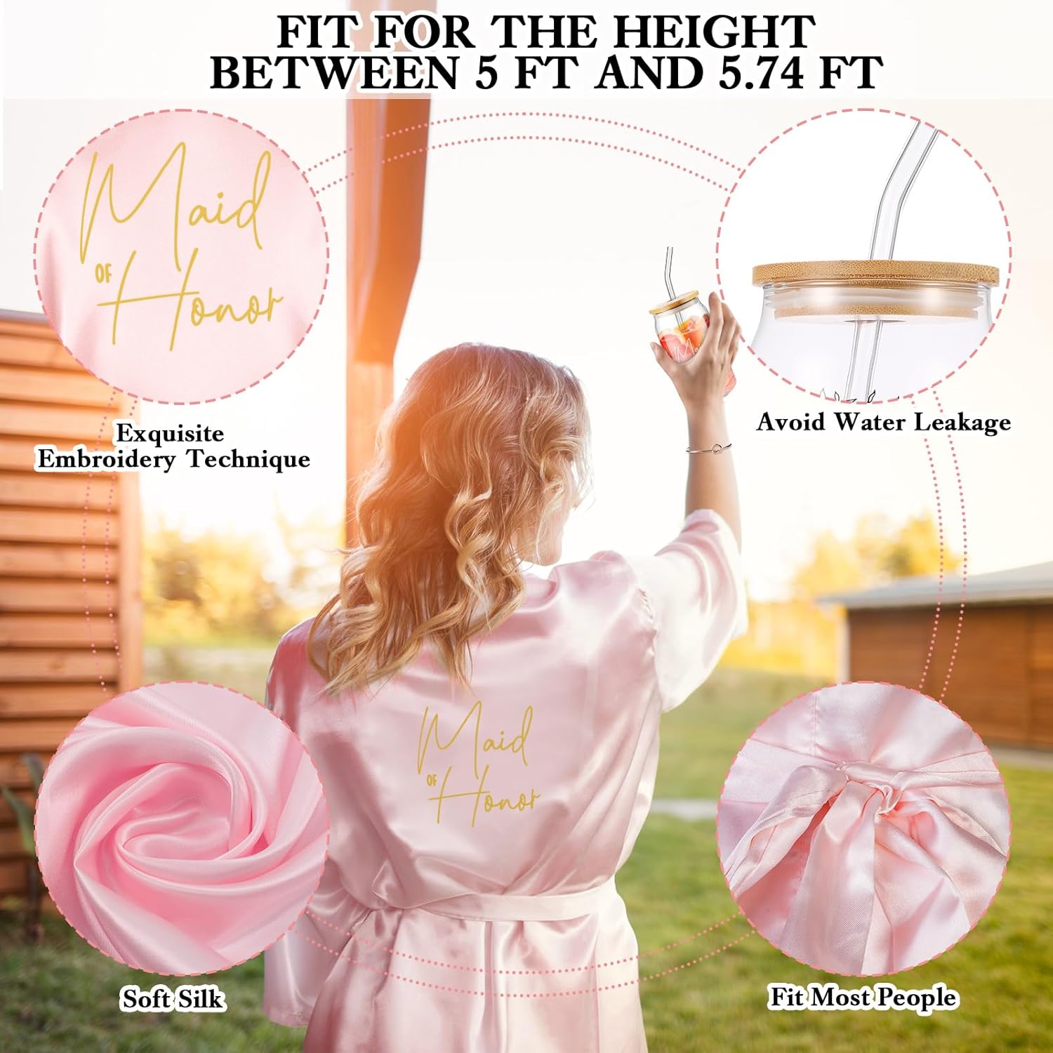 Irenare 8 Pcs Proposal Gifts Set Robes Makeup Bag Cup Cards Hair Tie Bracelet Diamond Pen Bridesmaid Gift Box(Pink,Maid of Honor)