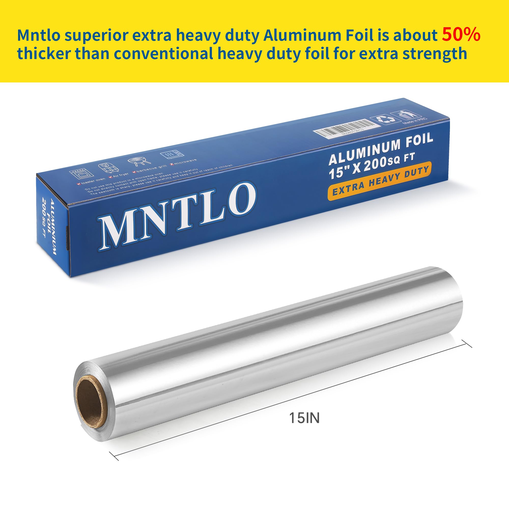 Lámina de aluminio superior extra resistente de 200 pies cuadrados (15 pulgadas x 160 pies) con aproximadamente 30 más gruesas que las láminas de estaño resistentes normales
