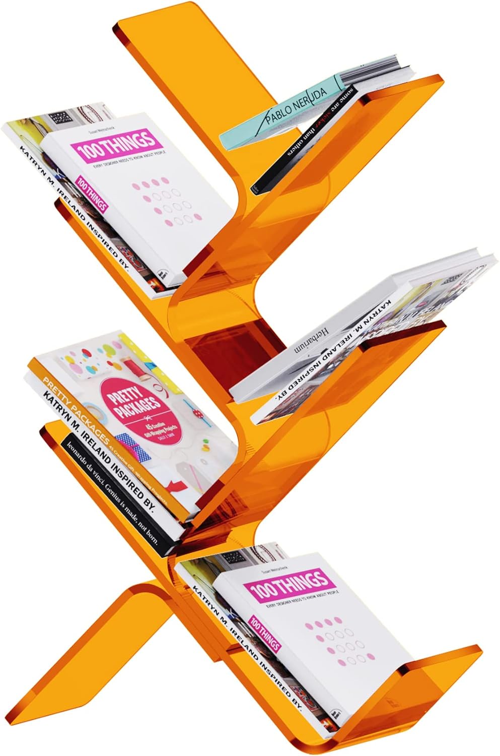 Acrylic Tree Bookcases Modern Clear Bookshelf Standing Bookcase Tree Organizer Decorative Storage Rack (Orange, 24.4'' x 7.9'' x 36.2'')