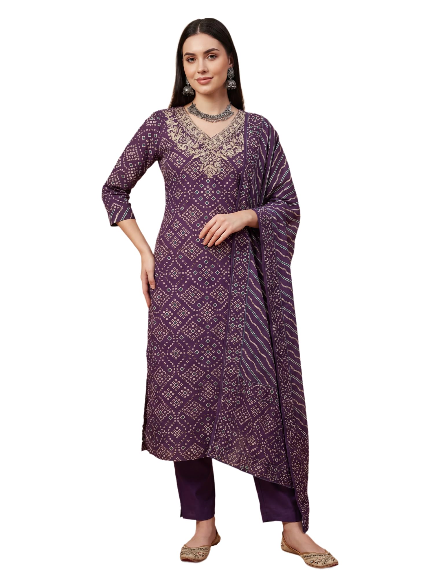 indo era Women's Pure Cotton Bandhani Embroidered Thread Work Kurta & Pant with Dupatta Set-picture-35
