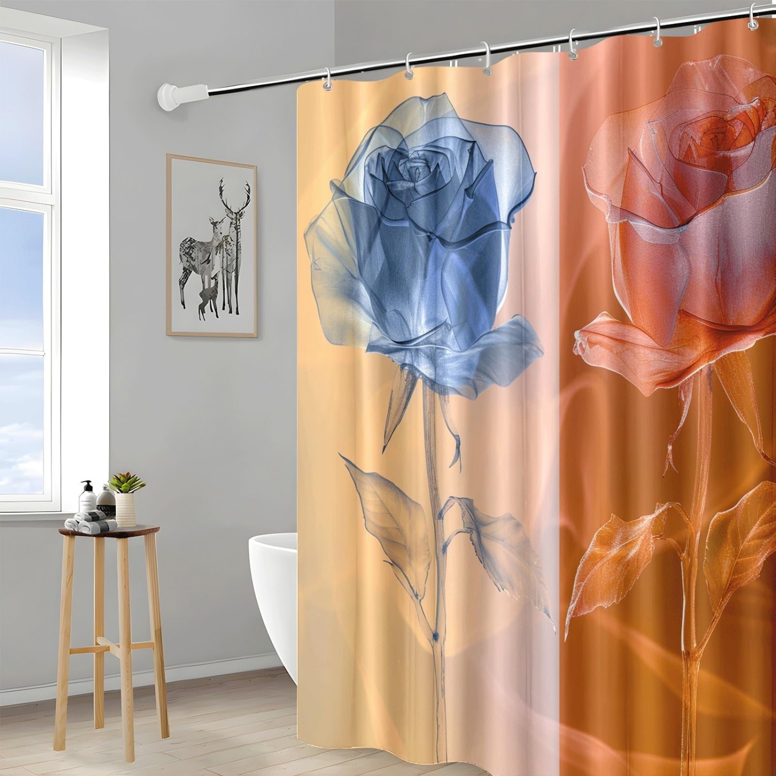 Tenda Doccia Fiore Arancione Blu Tenda Doccia Antimuffa Impermeabile Poliestere Lavabile con 12 Ganci Facile da Installare Tende Finestra Bagno per Dormitorio Hotel(180x220cm)