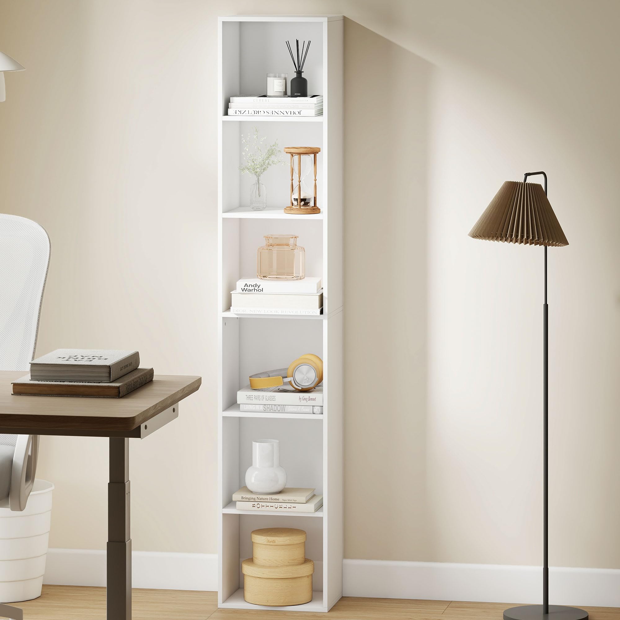HOMCOM Libreria Scaffale a 6 Ripiani Salvaspazio 30x24x159 cm Bianco | Libreria Verticale, Scaffale Portaoggetti, per Soggiorno Camera da Letto Ufficio Studio
