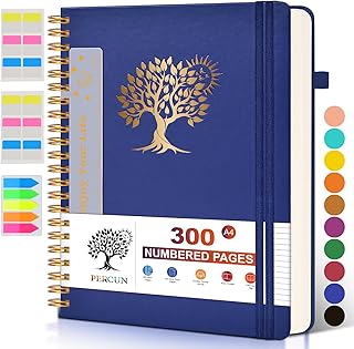 PERCUN Spiral Notebook 300 Numbered Lined Pages Hardcover Journal 8.5"x11" | College Ruled Spiral Bound Notebook with Tabs, A4 Large Leather Journal for Women Men, Work, School, Writing & Note Taking