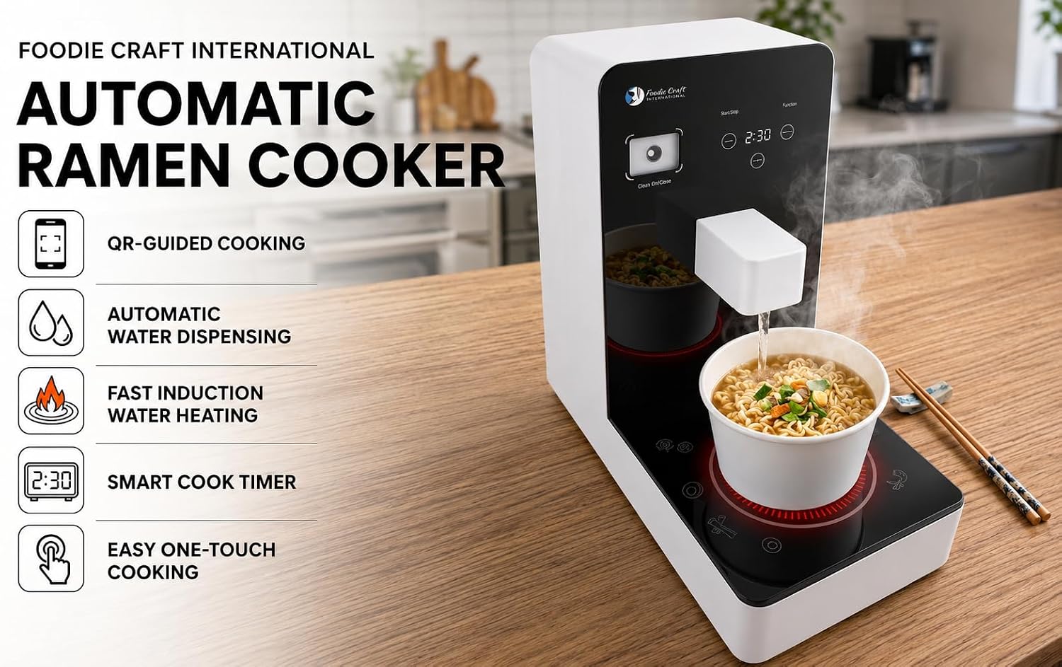 FCI Automatic Self-Serve Ramen Cooker, Auto Hot Water Dispenser & Induction Cooktop, Dual Water Supply, QR-Guided Cooking, Reheat Function, 110V/2000W image 3