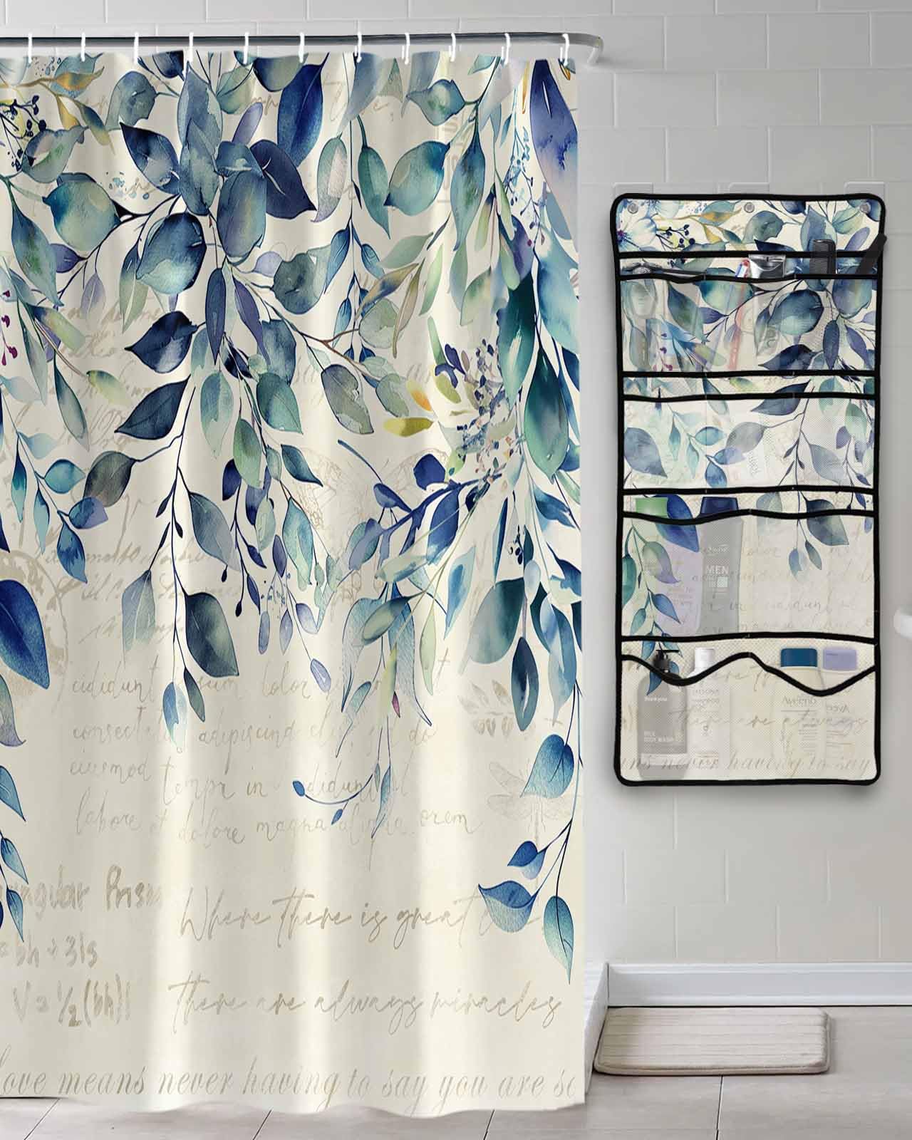 Decorative Shower Curtain Sets Navy Blue Leaf Polyester Fabric Waterproof Shower Curtains Country Eucalyptus Leaves Texture Beige Mesh