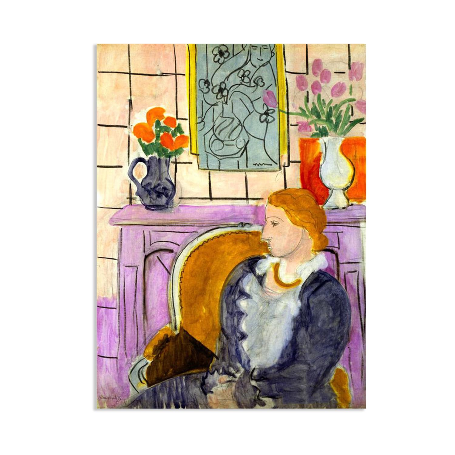 MYCGGDGH Henri Matisse Painting Reproduction Blue Dress in Ocher Armchair Henri Matisse abstract art canvas wall reproductions classic poster for living room Bathroom Office 85x60cm(33x24in) poster
