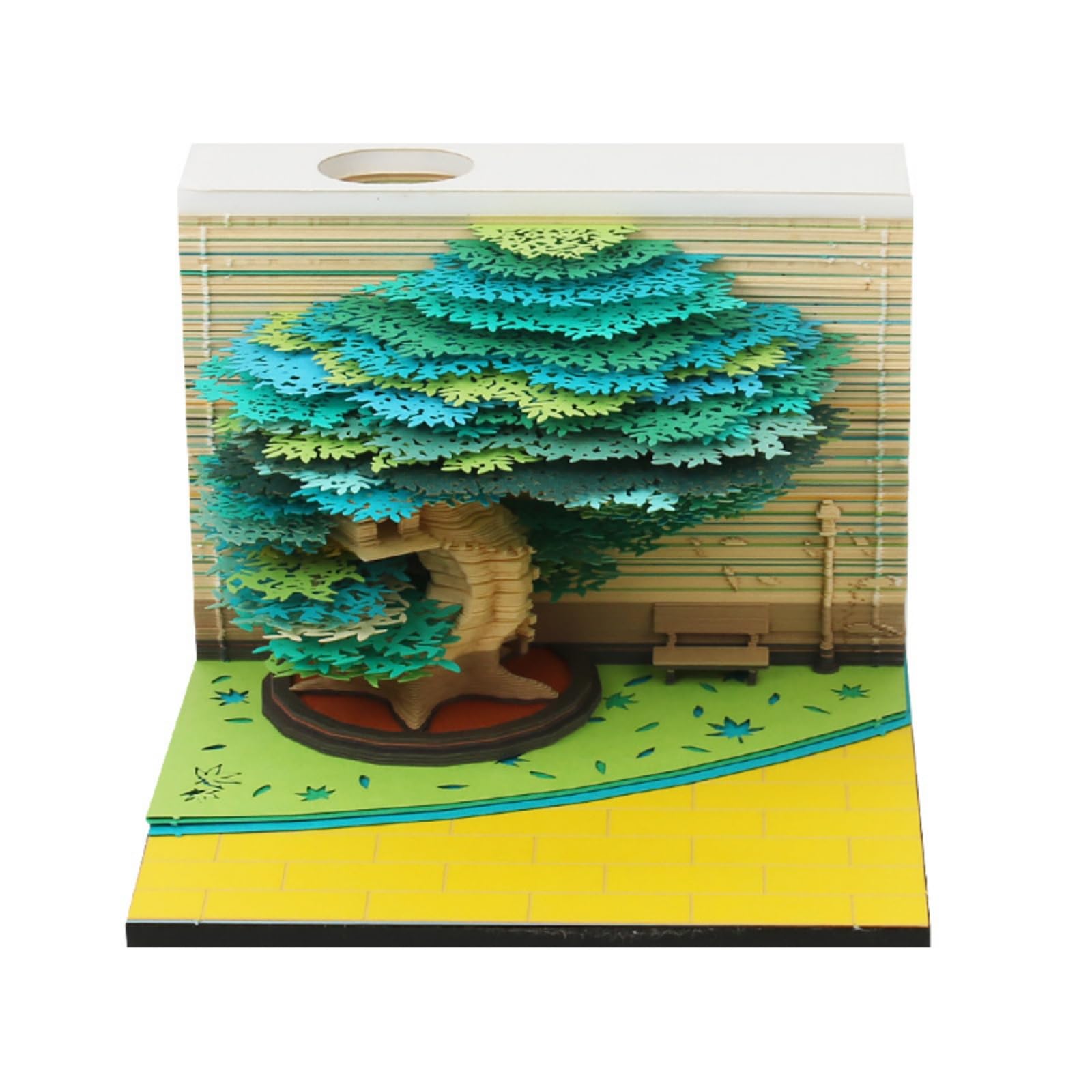 Paper Art Kalender Tischkalender Memo Pad Papierkunst Skulptur mit Rechteckigem Stapelpapier Fundament Und Interaktiver Darstellung aus Spezialpapier, 四季树（春） | Handgeftigt, Tischdeko, für Schreibtisch, Büro
