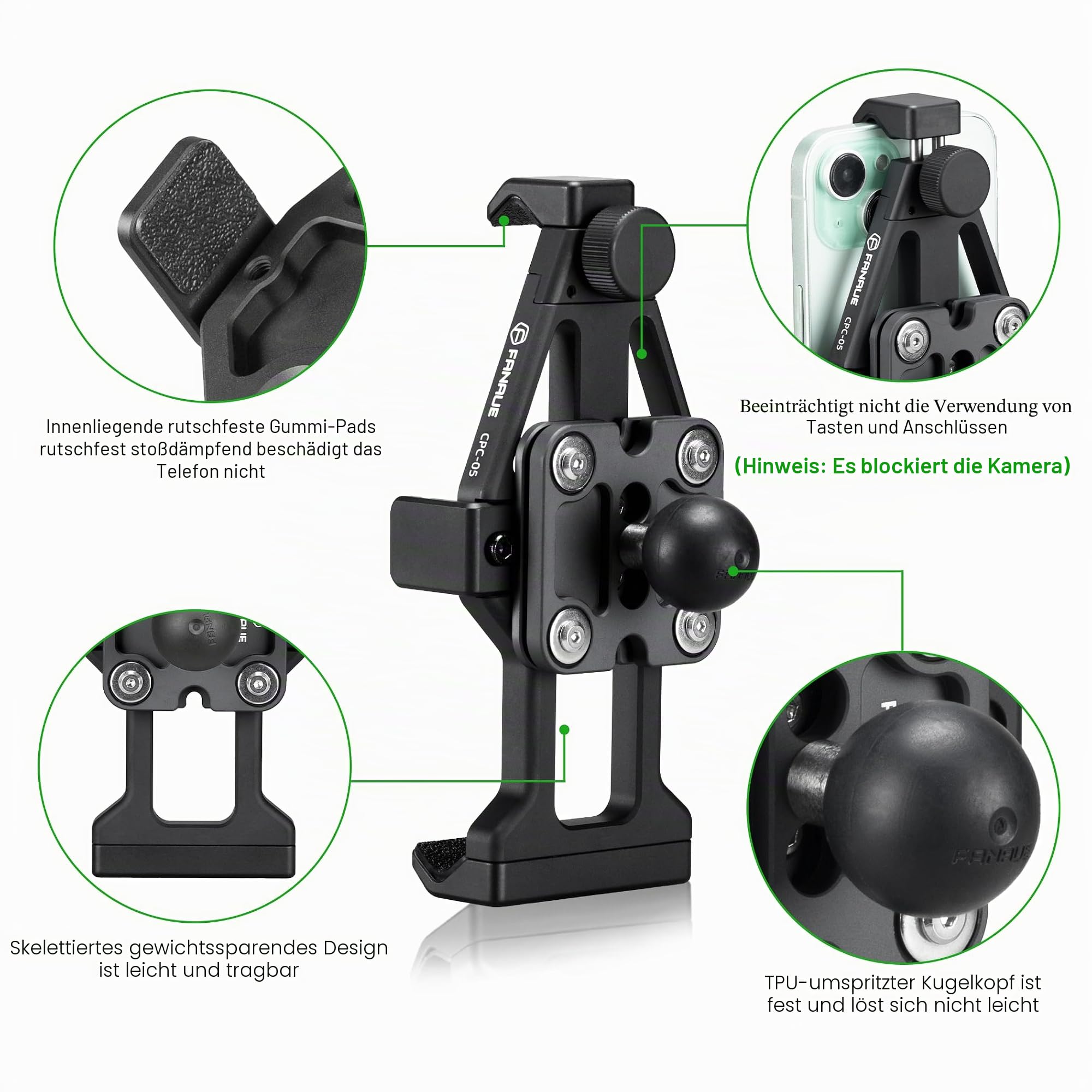 FANAUE CPC-05SA Anti-Vibration-Motorrad-Telefonhalterung mit 2,5 cm Kugelkopf für RAM-Halterungen, B-Größe, Doppelbuchsenarm und Fahrrad-Handyhalter für 5,5-7 Zoll Smartphone, Anti-Locker-Knopf,