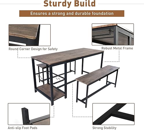 Miniatura 7 de Juego de mesa de cocina de 3 piezas con banco, juego de mesa de comedor de 55 pulgadas de largo x 25.2 pulgadas de ancho para 4, juego de mesa de