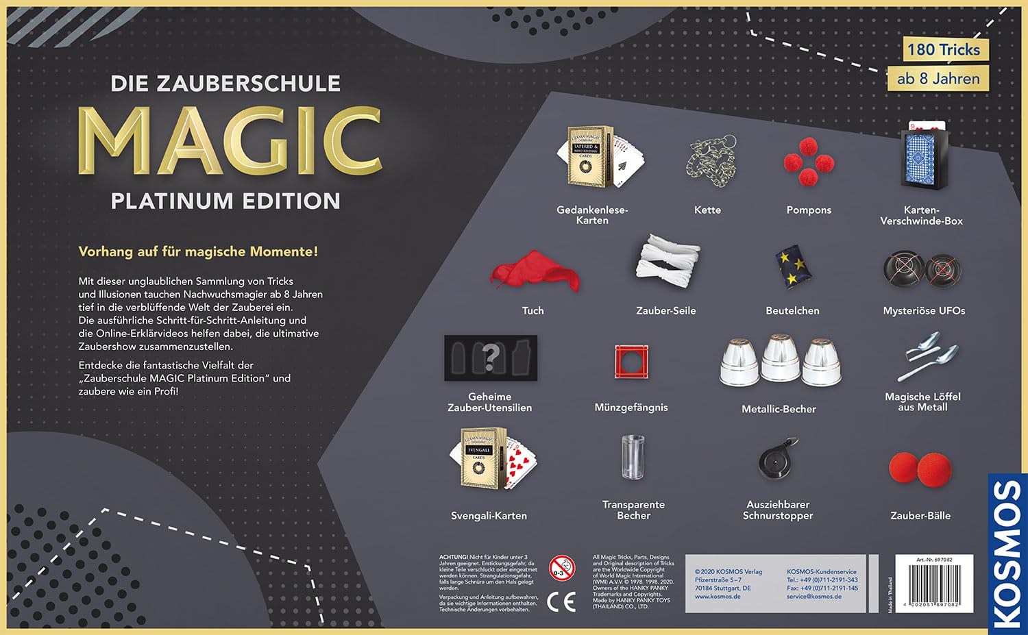 KOSMOS 697082 MAGIC Die Zauberschule - Platinum Edition, 180 Zauber Tricks, viele magische Zauber Utensilien, Zauberkasten für Kinder ab 8 Jahre, bebilderte Anleitung, Online Erklärvideos
