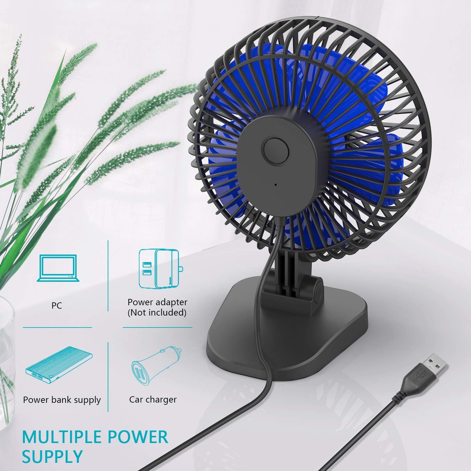 xasla USB Desk Fan with 3 Settings, Small Personal Quiet Desktop Fan with Strong Airflow & 40° Adjustable Tilt Angle, Portable Cooling Mini Fan for Desktop Office Home Bedroom (Black-Blue)