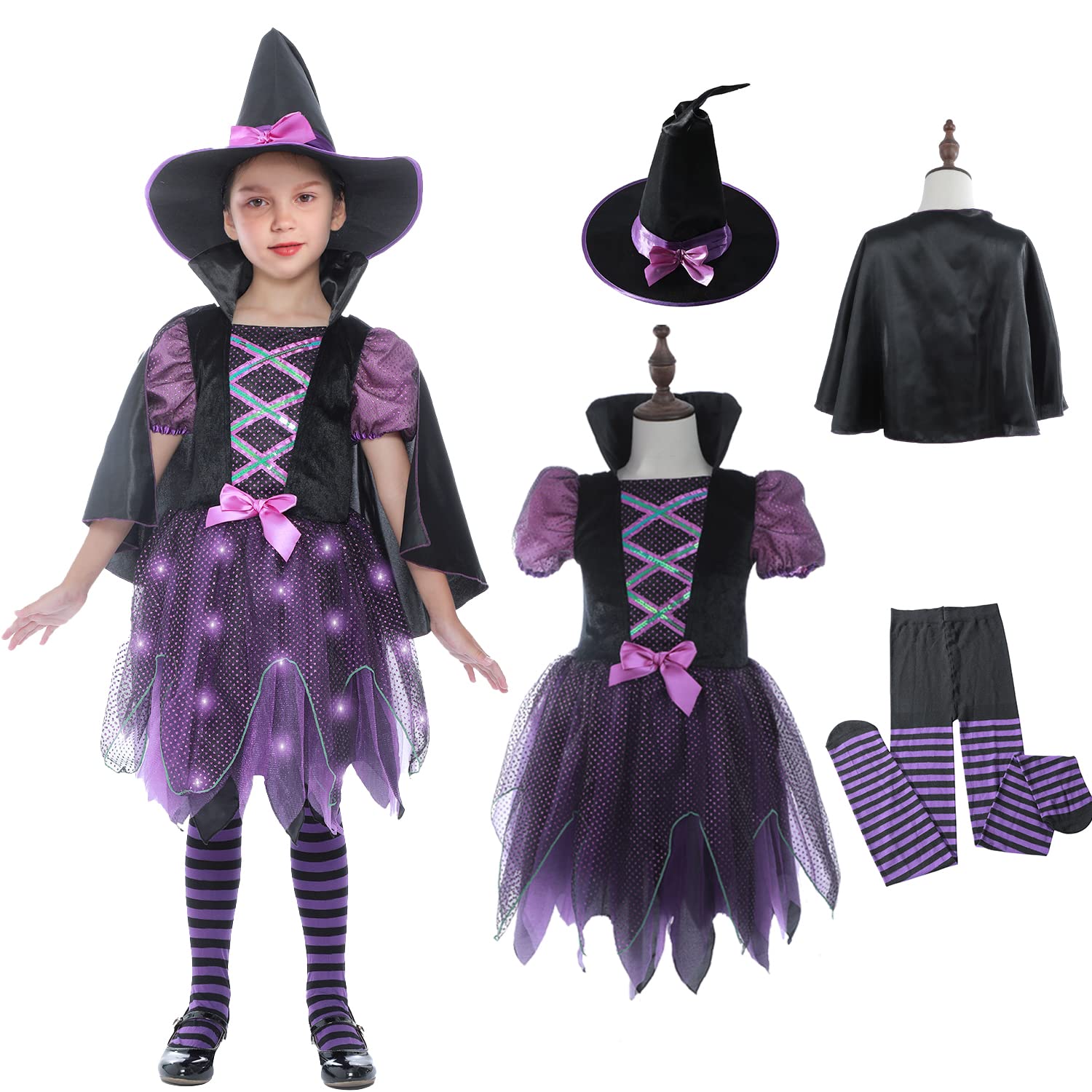 Sincere Party Ragazze Halloween Strega Costume, Deluxe Adorabile Neon Colorato Strega Travestimento con Cappello