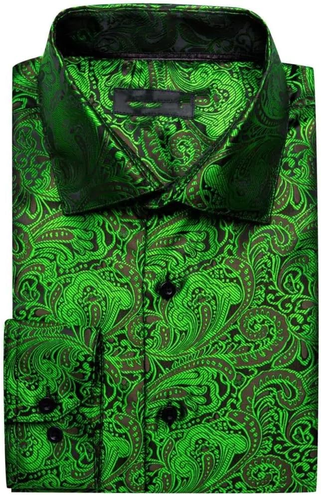 Shirts for Men Silk Long Sleeve Green Flower Paisley Embroidered Slim Fit Male Blouses Casual Tops