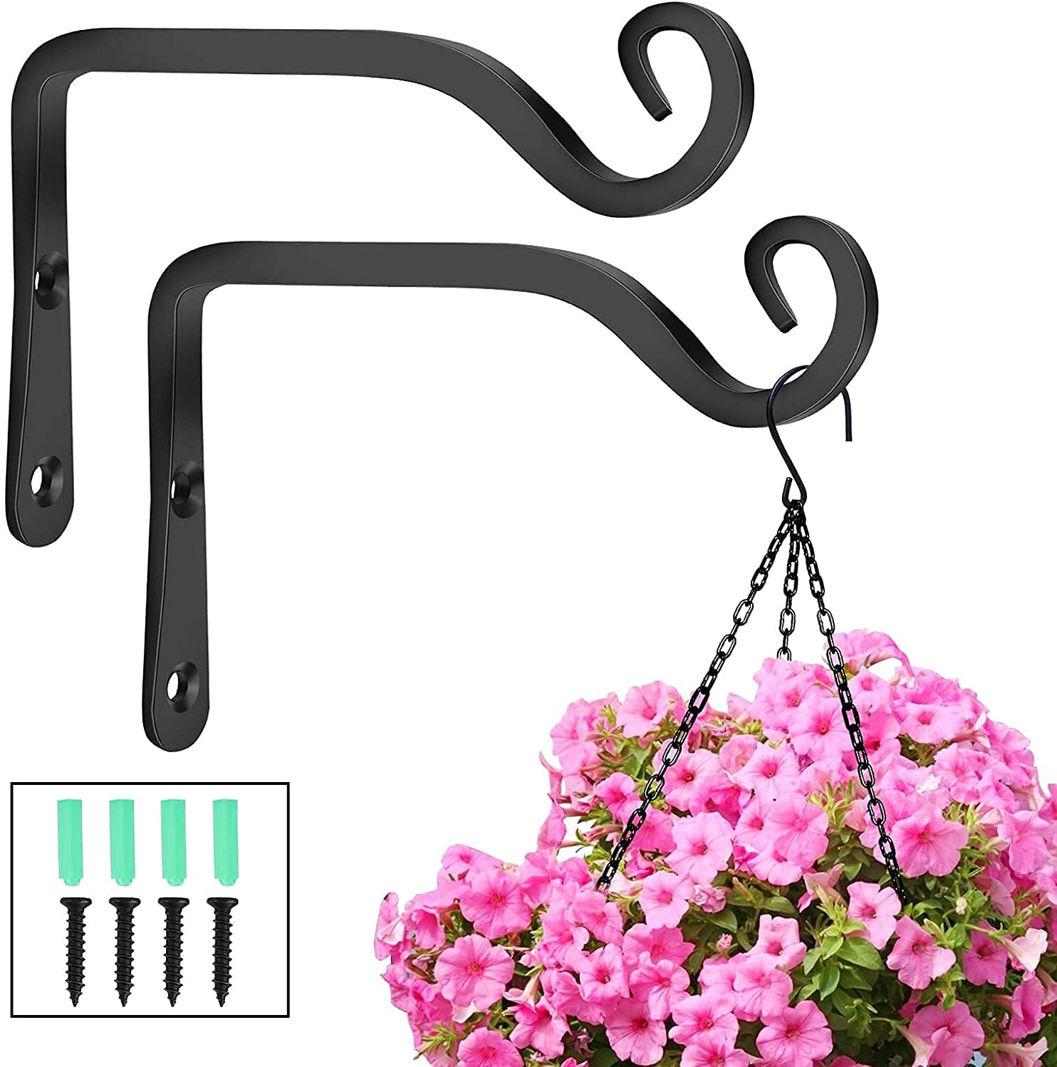 Kss Black 2Pcs Metal Wall Hanging Basket Bracket,Metal Wrought Iron Wall Hanging Basket Brackets For Garden Bird Feeders, Planters, Lanterns, Wind Chimes
