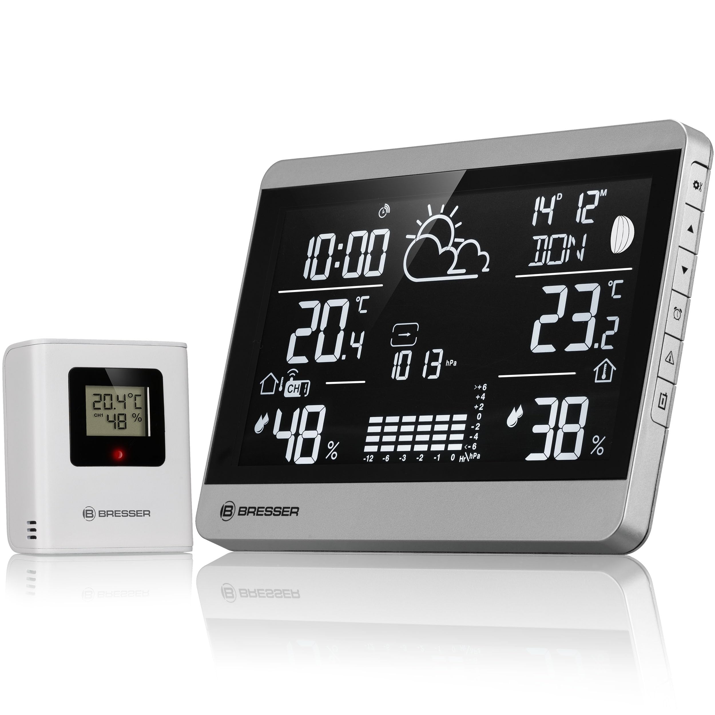 Bresser ClimateTemp NDH-NEO Wireless Weather Station with Outdoor Sensor, Temperature and Humidity Display, Weather Forecast, Frost Warning, Landscape Format, Silver/Black