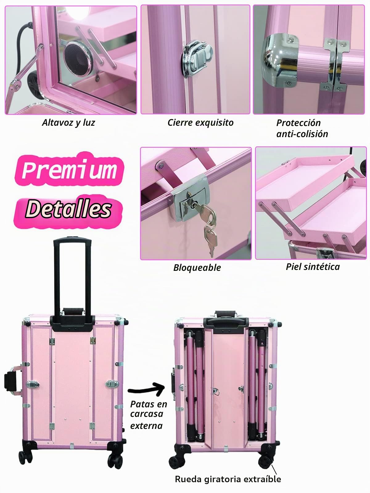 EBANKU Maleta de Maquillaje con Ruedas, Trolley con Luces LED y Bluetooth, Maletín Profesional de Aluminio para Maquilladores (Rosa)