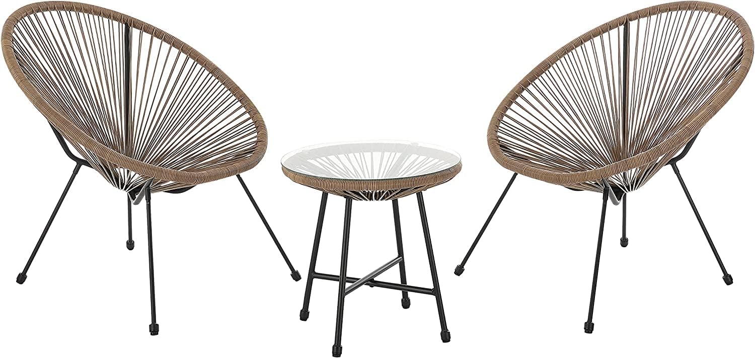 EVRE Goa Natural Acapulco Styled Egg Shape Conversational Garden Furniture Bistro Patio Outdoor Set For Balconies Gardens Terraces 2 Chairs 1 Glass Top Table EVRE Goa Natural Acapulco Styled Egg Shape Conversational Garden Furniture Bistro Patio Outdoor Set For Balconies Gardens Terraces 2 Chairs 1 Glass Top Table