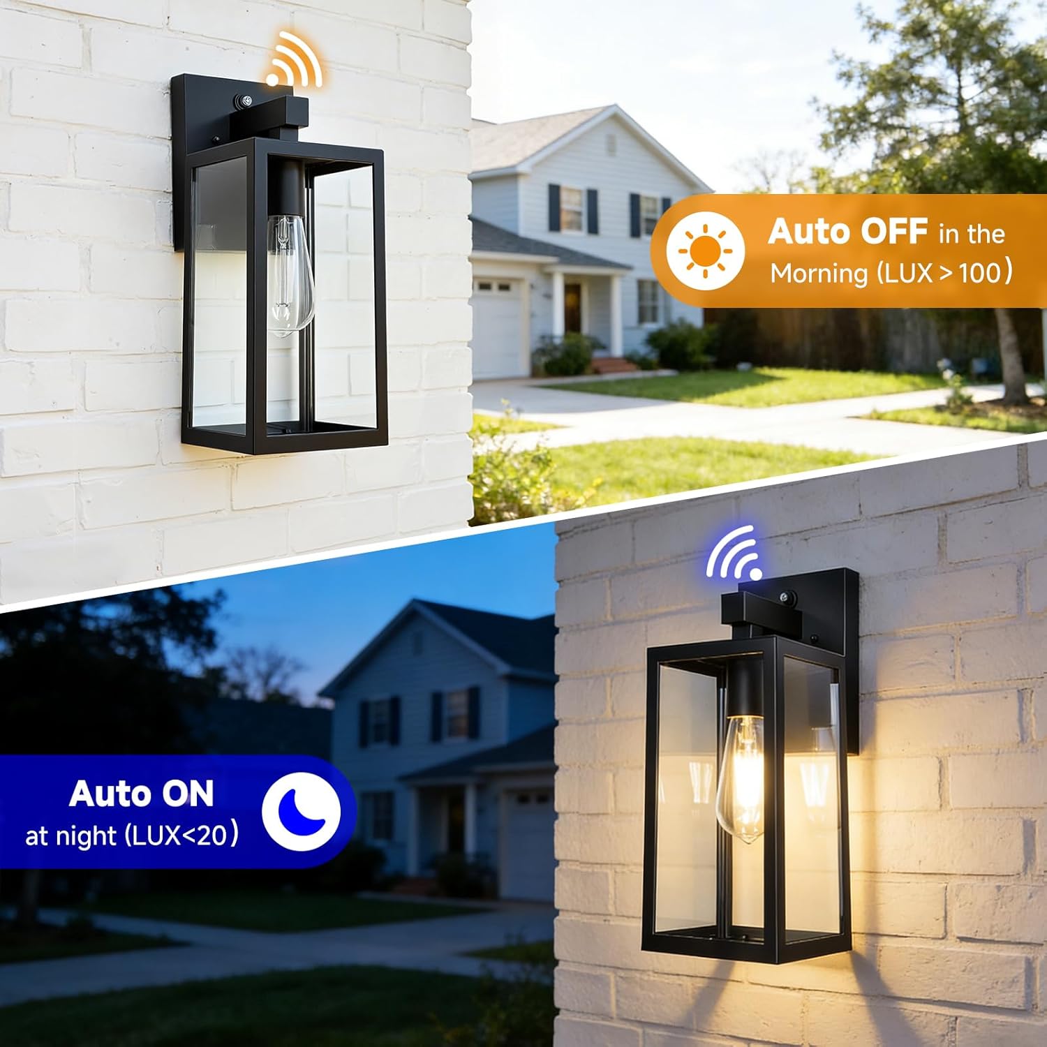 SHINE HAI Dusk to Dawn Sensor Outdoor Wall Sconce, Exterior Porch Lantern Fixture with E26 Socket & Glass Shade, Waterproof Wall Mount Lighting for Patio Front Door Entryway