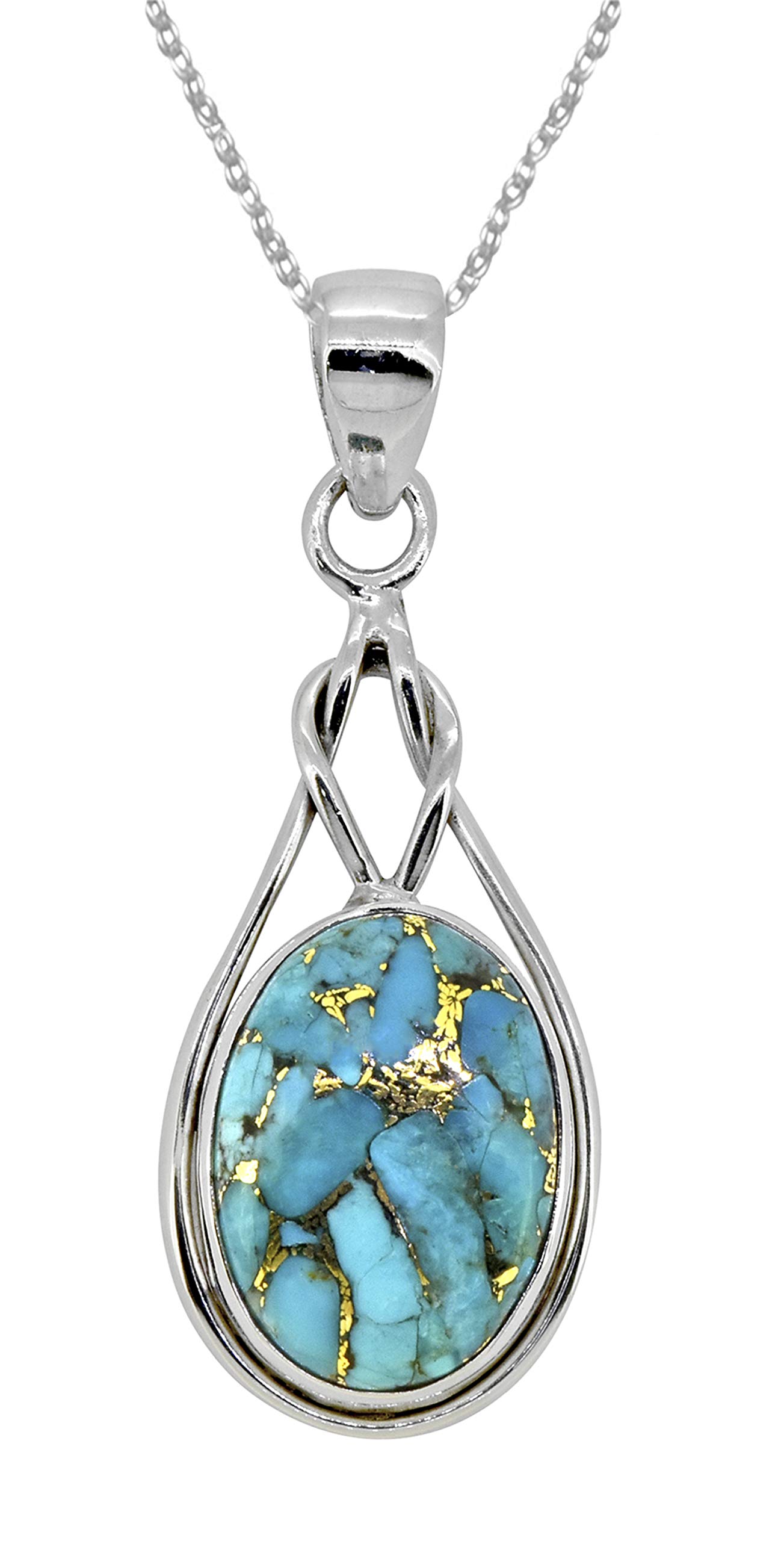 YoTreasure Blue Copper Turquoise Solid 925 Sterling Silver Knot Pendant Chain Necklace