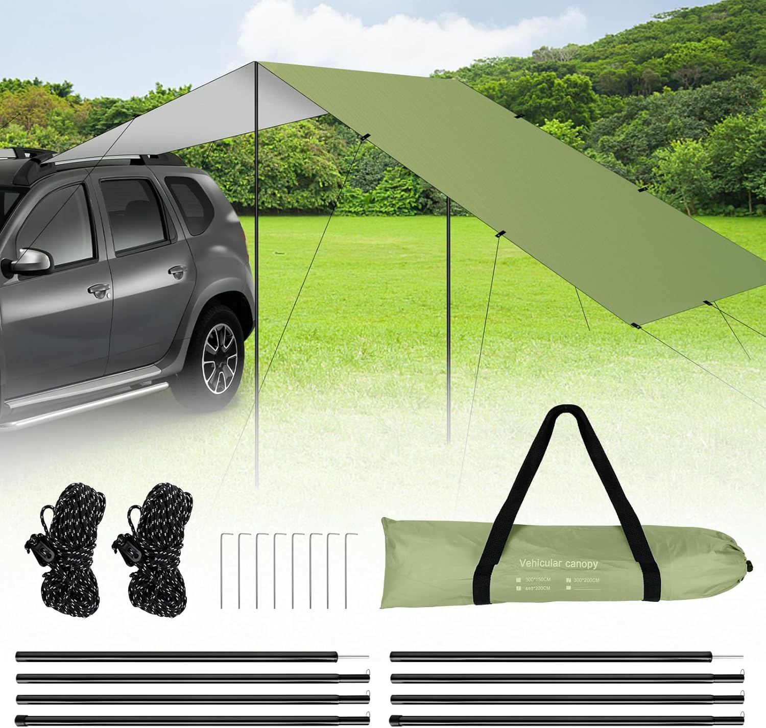 Portable Car Awning for SUV Van Truck Jeep, 14.44 x 6.56 FT Large Vehicle Awning Tailgate Tent for Tailgating Camping, Waterproof UV50+ Rain Tarp for Outdoor Backyard Party (Green)