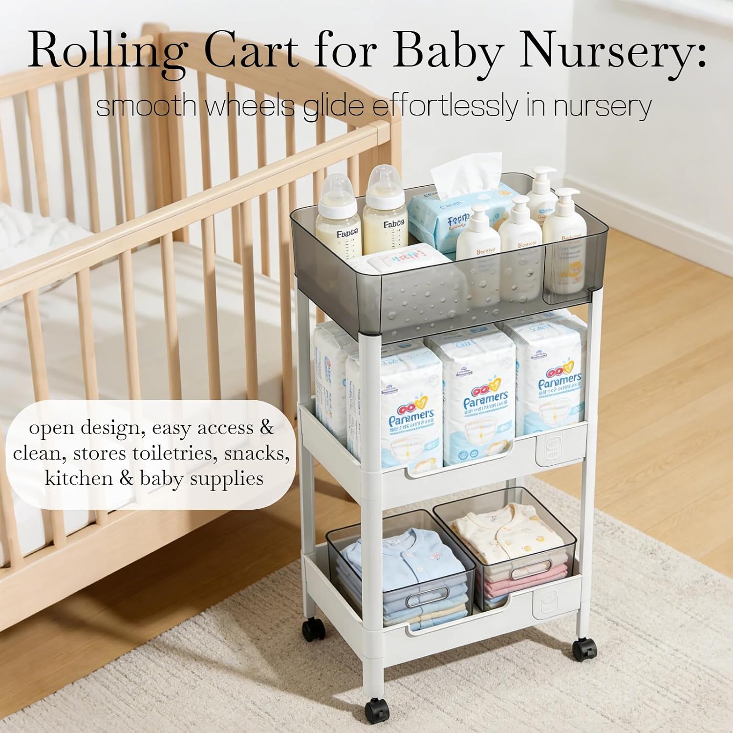 3 Tier Rolling Cart with Wheels 4.7'' Deep Baskets Bathroom Storage Shelf Heavy Duty Plastic Bedside Cart, Large Capacity Snack Stand Diaper Caddy Laundry Room Kitchen Organizer, White