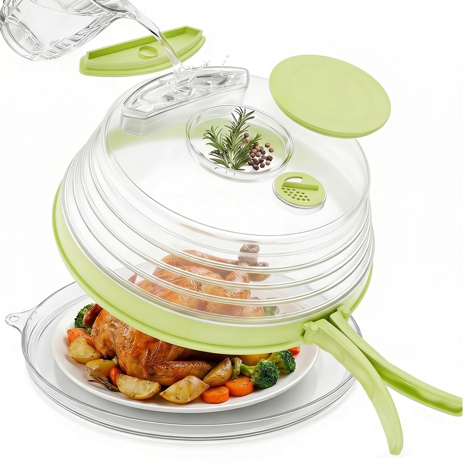 Microwave Splatter Cover with Base Plate and Water Steamer,Collapsible