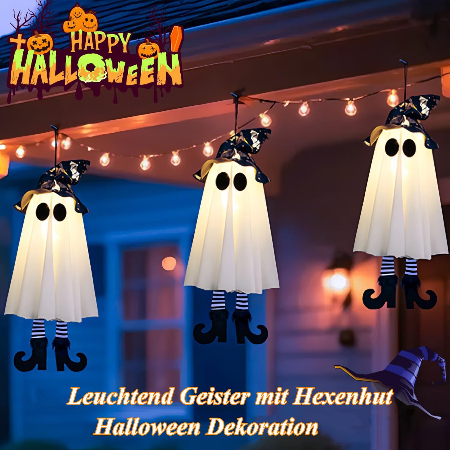 Halloween Deko, 3 Stück Hängend Geister mit Hexenhut, Leuchtend Geister Lichter, Halloween Deko Outdoor für Zuhause Baum Garten Hof, Festliche Atmosphären Horror Motto Party Requisiten