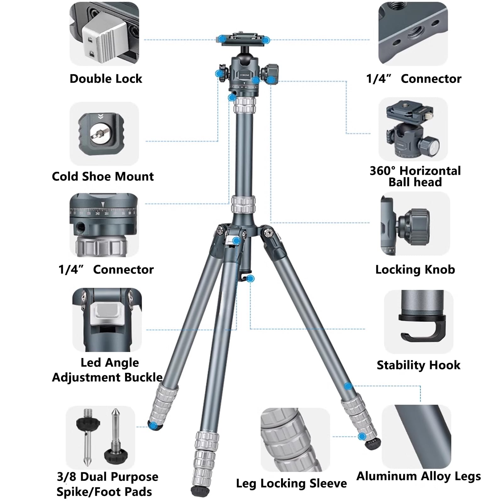 Kit Piastra di Sgancio Rapido del Treppiede per Fotocamera,Testa e Piastra in Alluminio con Rotazione Fluida di 360°,Capacità di Carico di 8 kg