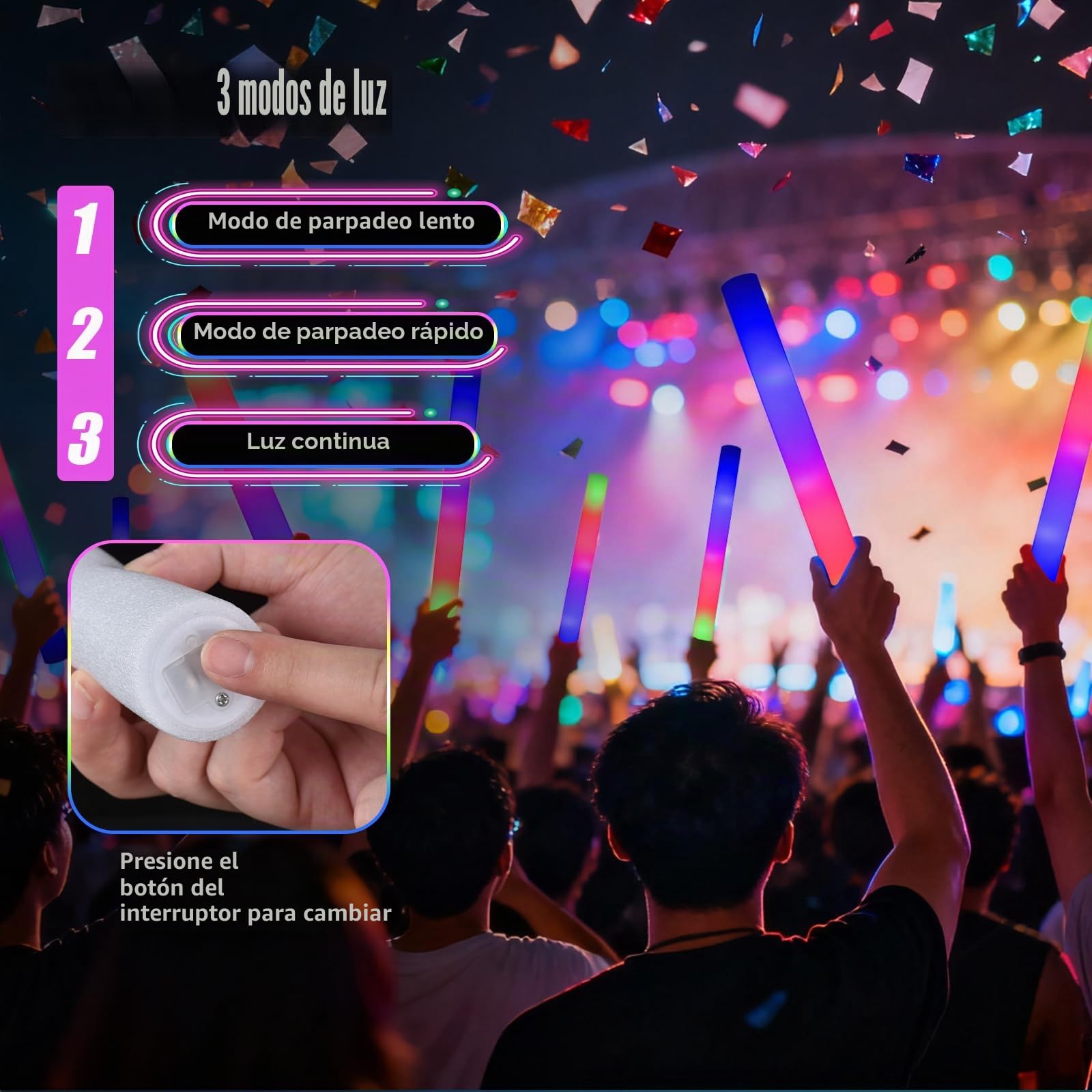 30pcs palos luminosos para fiesta, palos de luz LED, 3 modos de iluminación, varillas de espuma – barras luminosas para fiestas, conciertos y fiesta neon, hora loca boda