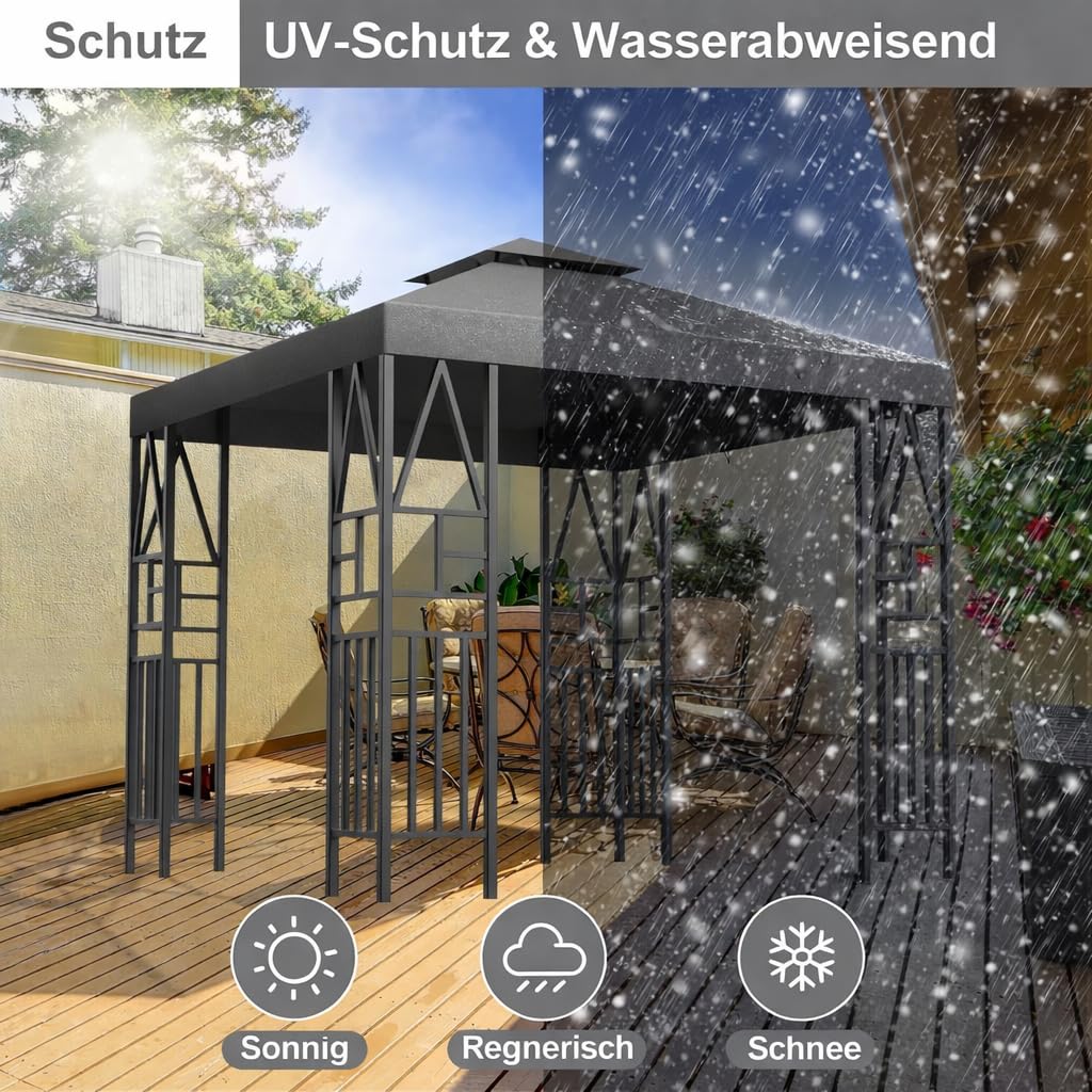 Pavillon Ersatzdach 3x3M Wasserdicht, UV-beständig, Doppellagig mit Belüftung, 12 Fest Integrierten Klettbändern, Hochdichtes Polyesterdach für Gartenpavillon, Grillpavillon oder Partyzelt (Grau) - 5