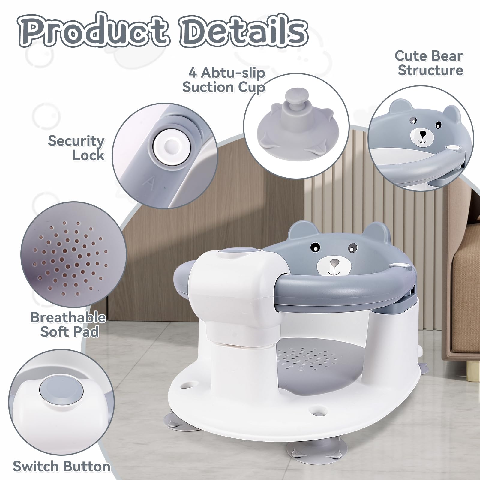 Seggiolino per Vasca da Bagno per Bambini,Seggiolino da Bagno,Sedia Doccia Bambini,Schienale Ergonomico e Barra di Sicurezza Apribile,Sicuro e Antiscivolo,Regalo per Neonati e Neomamme