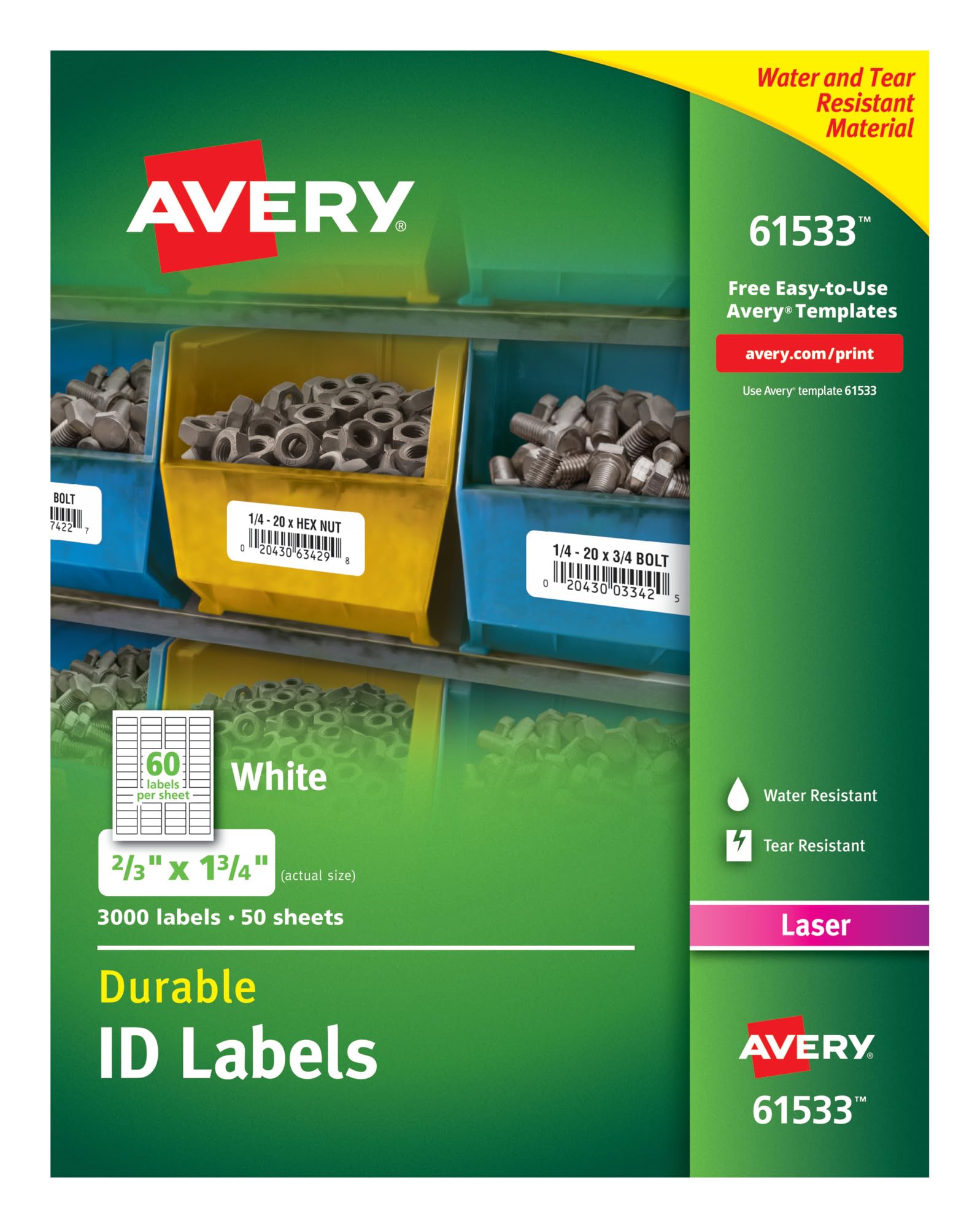 Avery Lazer Yazıcılar için Dayanıklı Beyaz Kaplama Kimlik Etiketleri, 0,67 x 1,75, 3000'li Paket (61533)