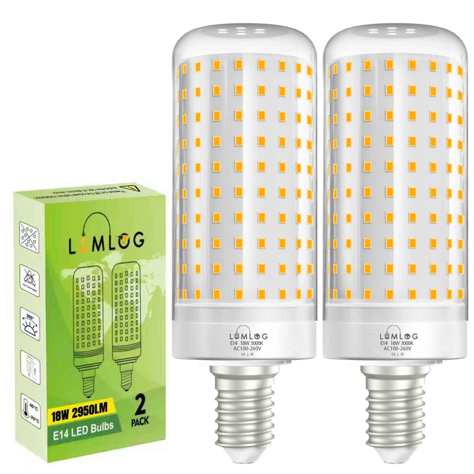Lumlog E14 LED Corn Light Bulbs, 180W Incandescent Bulbs Equivalent, 2950LM Corn LED Bulb for Ceiling Lamp, Wall Lamp, Desk Lamp, Pack of 2