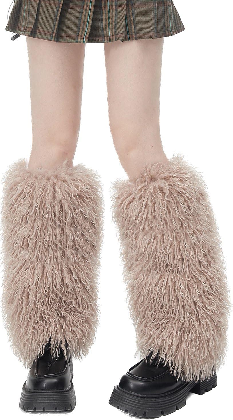 Over Knee High Women Furry Real Mongolian Lamb Curly Fur Leg Warmers Socks For Ladies Winter Warm Boots Shoes