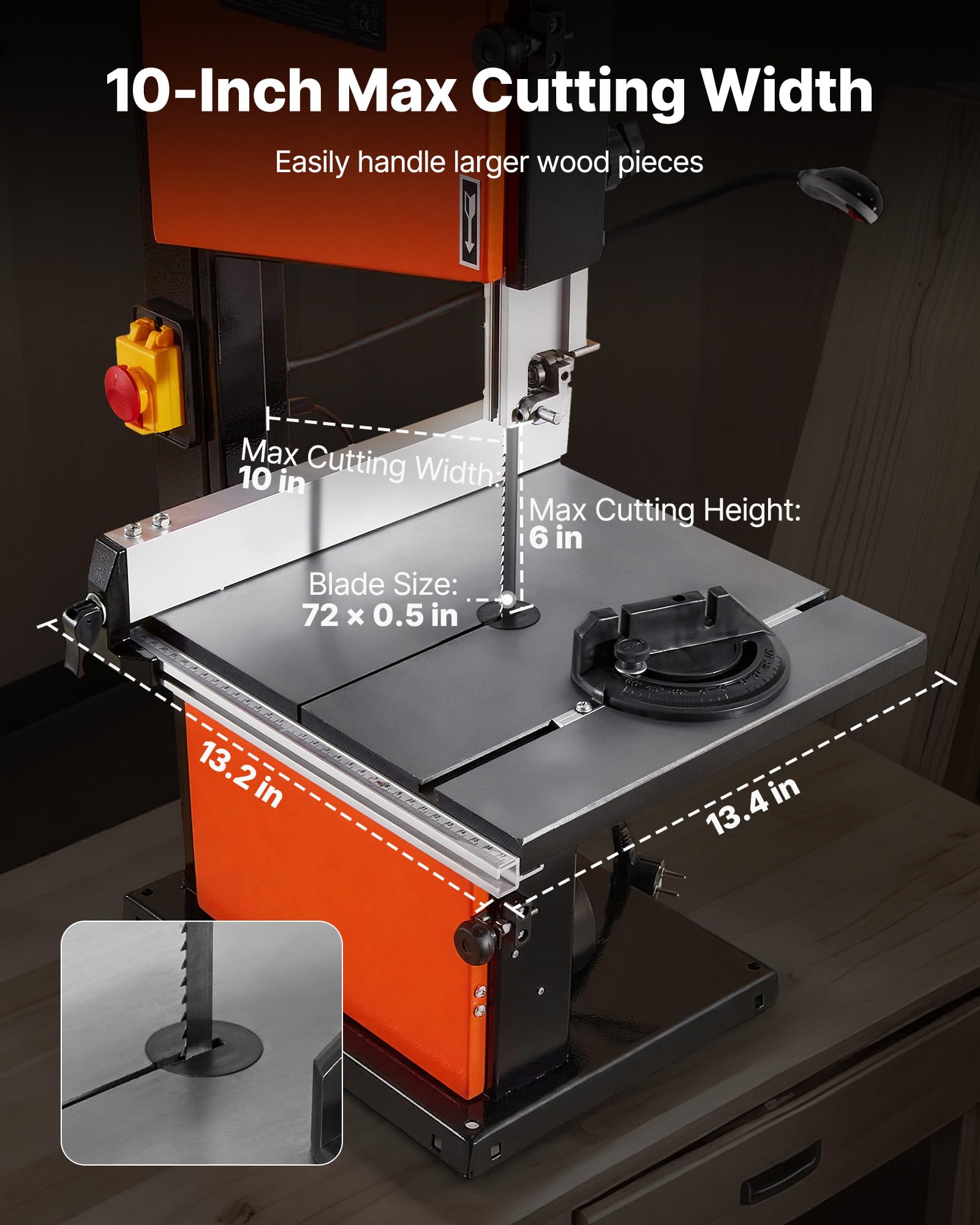 VEVOR Sierra de Cinta, Ancho de Corte de 254 mm, 2 Velocidades, Motor de 373 W, Altura de Corte de 160 mm, Mesa de Hierro Fundido de 335 x 340 mm, Luz de Trabajo de 360 Grados, para Carpintería