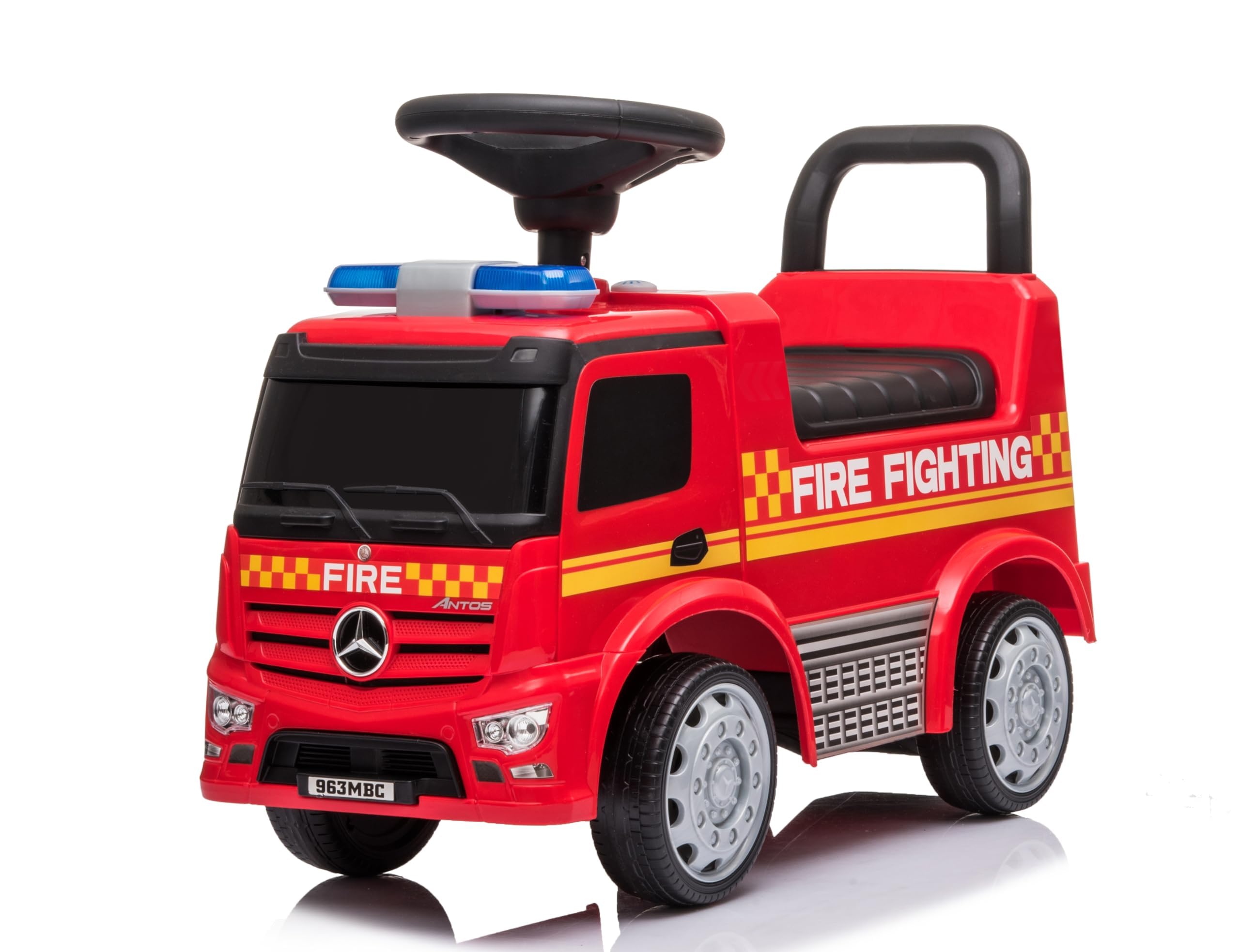 Camion Pompieri Cavalcabile Primi Passi per Bambini 1‑3 Anni con Licenza Mercedes – Sirena, Clacson, Schienale Ergonomico, Vano Portaoggetti, Antiribaltamento
