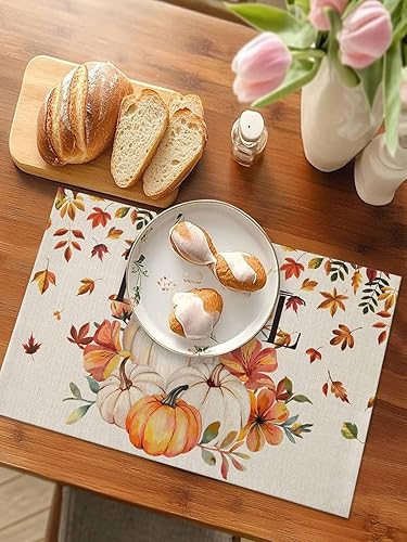 Miniatura 4 de Manteles individuales para mesa de comedor, juego de 4 manteles individuales para otoño, Acción de Gracias, calabaza, flor y girasol, manteles para
