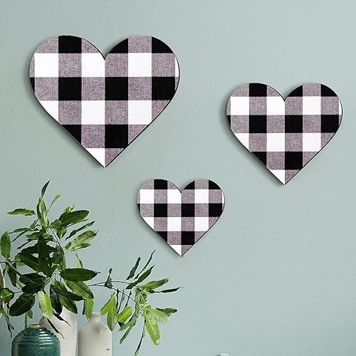 3 letreros de madera en forma de corazón decoración a cuadros de búfalo para cocina dormitorio baño sala de estar letrero de pared de corazón de