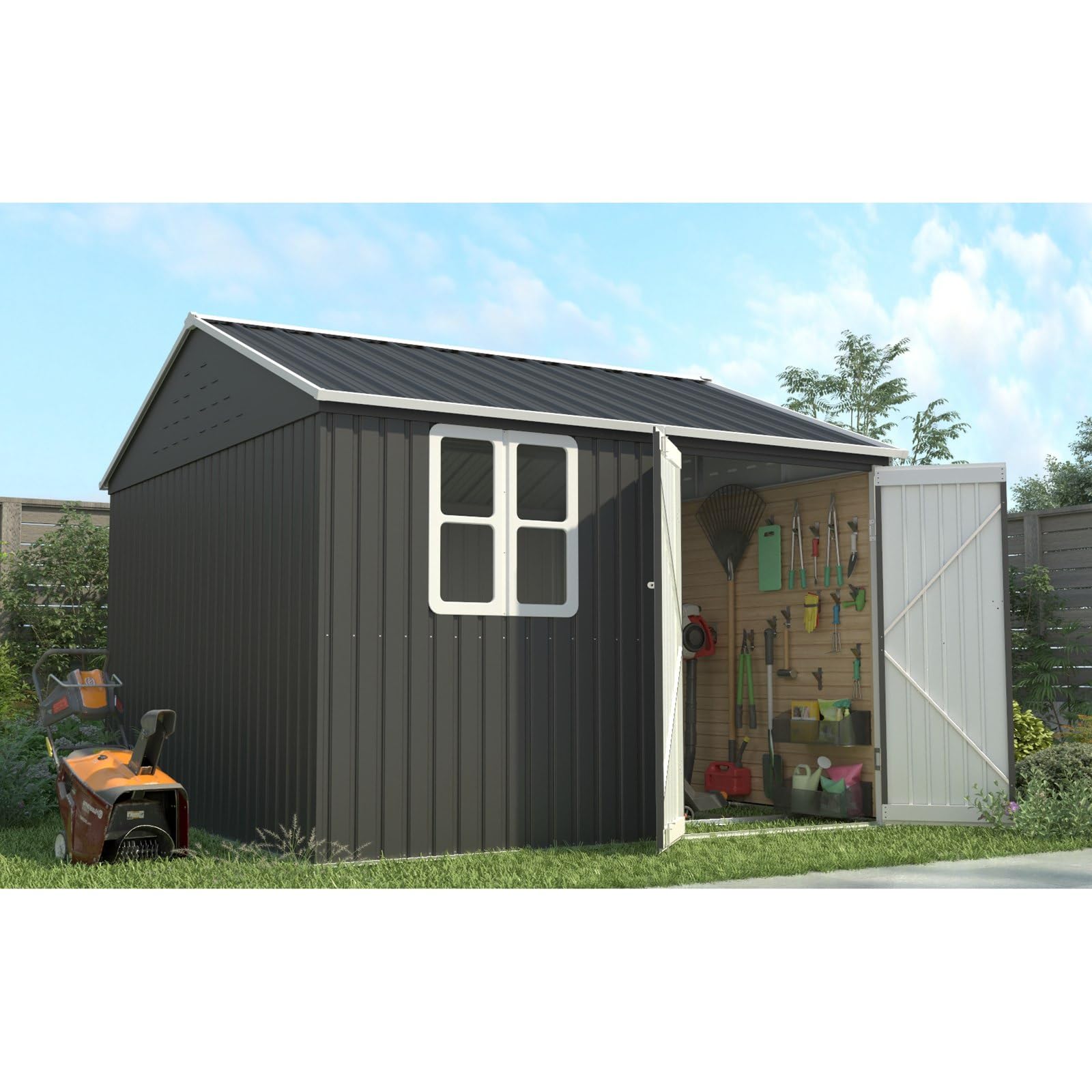 BIRCHTREE Garden Shed Steel Apex Roof House Outdoor Backyard Storage With Lockable Double Doors Window Free Foundation Tool Equipment Organizer Air Vents 10x10FT Grey — view 11