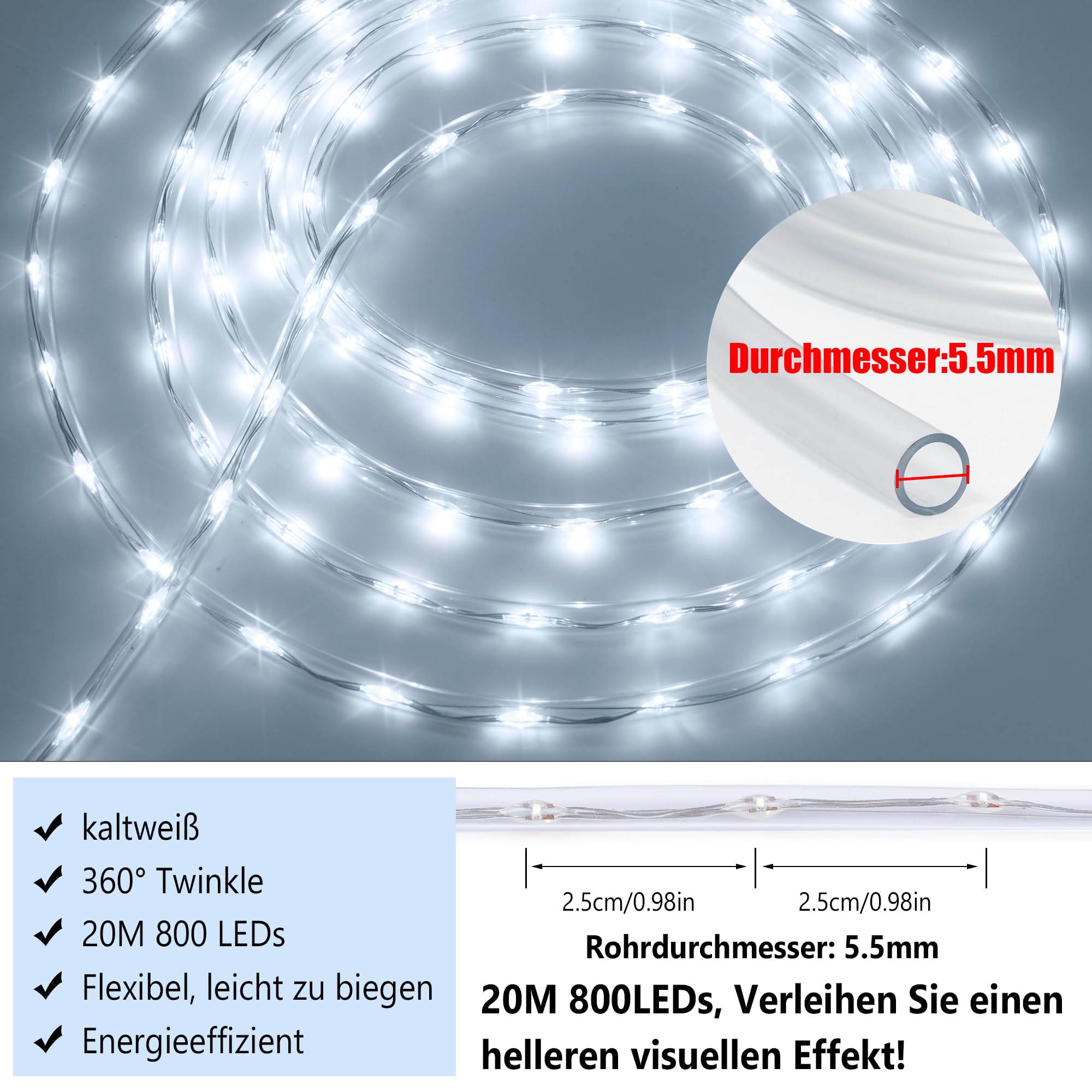 20 m 800 LED manguera exterior (diámetro: 5,5 mm), cadena de luz exterior conectable, luz blanca fría LED manguera de luz con mando a distancia, 8 modos de luz, funciona con corriente para jardín