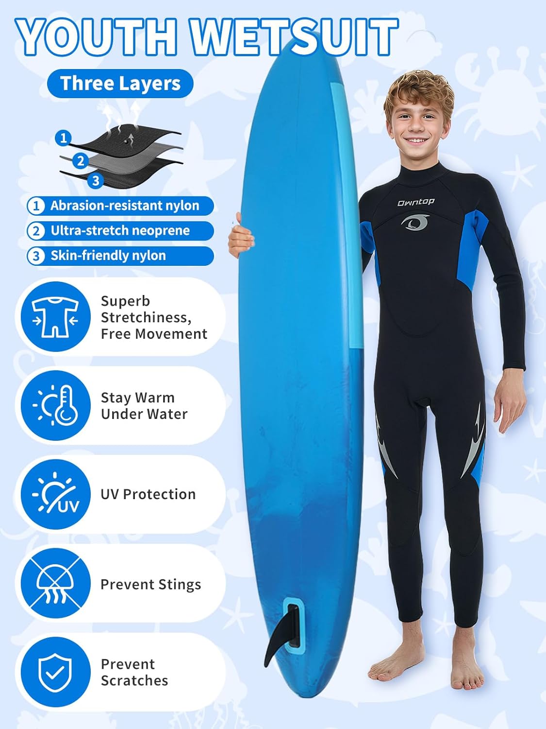 Owntop Kids Wetsuit 2.5mm – Neoprene Wet Suit for Boys Girls, Full Body Youth Wetsuits, Thermal Stretch Back Zip for Watersport