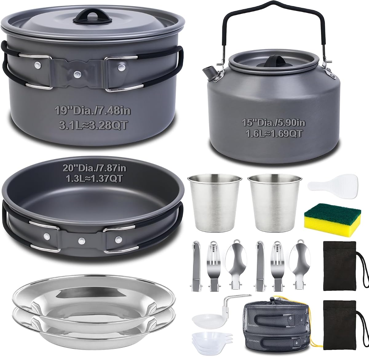 Juego de utensilios de cocina grandes para camping de 22 piezas, olla de 3,1 l y hervidor de agua de 1,6 l | Set de gran capacidad con olla de 3,1L, hervidor de agua de 1,6L, sartén de 1,3L y vajilla completa para comidas compartidas de campamento.