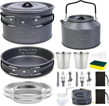 22-Piece Camping Cookware Set | Bare Hard-Anodized Aluminum Mess Kit with 3.1L Large Pot & 1.6L Camping Kettle | Uncoated Camping Kitchen Supplies & Backpacking Camping Kit