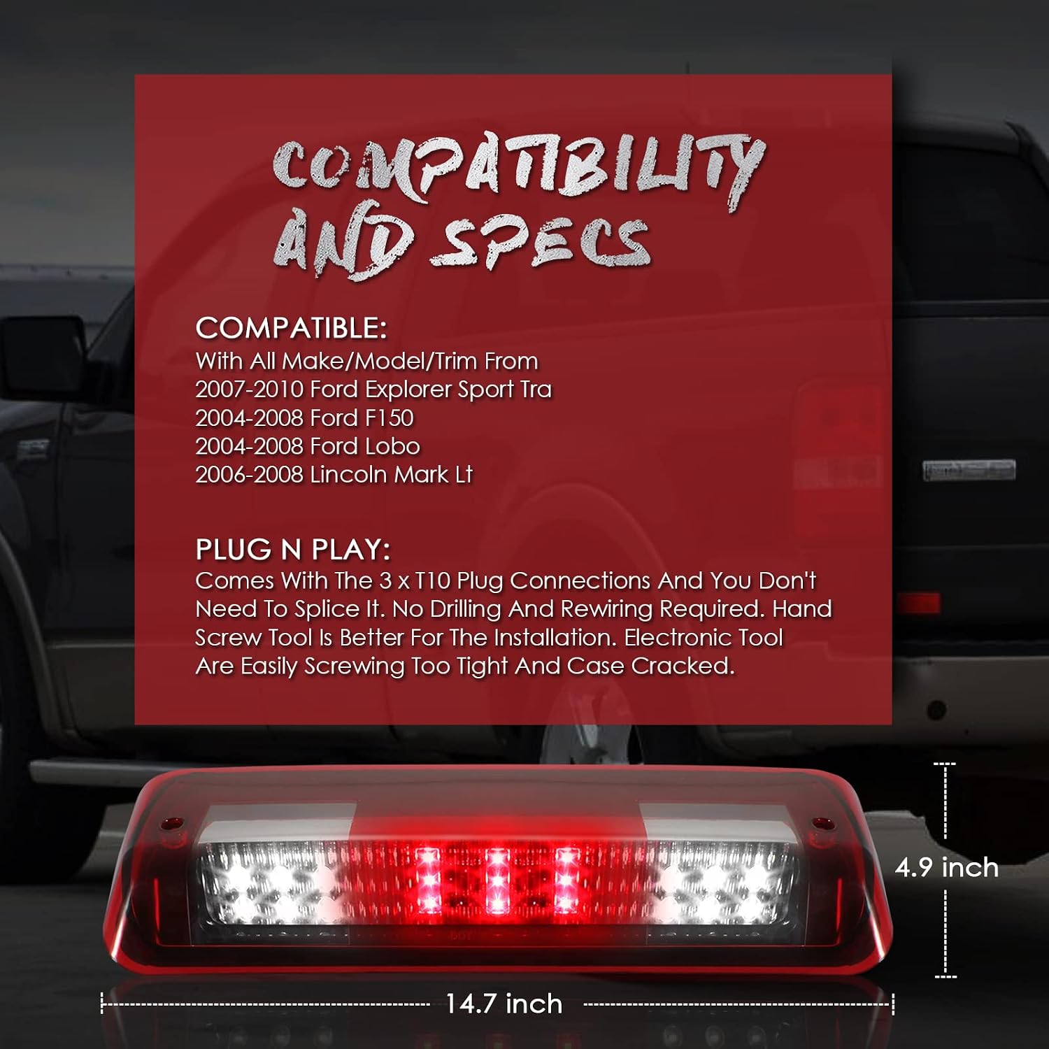 High Mount 3rd Stop Light Compatible with 2004 2005 2006 2007 2008 Ford F150, 07-10 Ford Explorer Sport Trac, 06-08 Lincoln Mark LT Third Center Cargo Reverse Rear LED Brake Light Bar(Red)